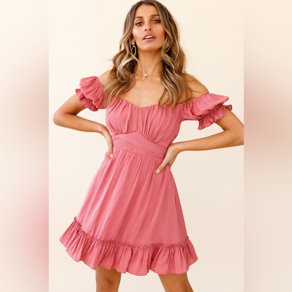 SAINTS+SECRETS Coral Off-Shoulder Babydoll Ruffle Tiered Tie-back Mini Dress M - Picture 3 of 10